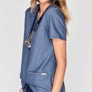 Figs two pocket top in Heather Denim Limited Edition Color